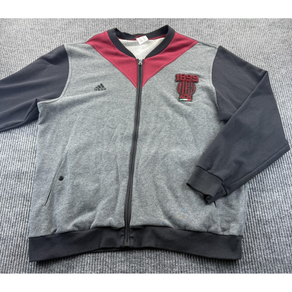 AC Milan Track Jacket Mens 2XL Gray Red Zip Up Soccer Adidas Football Colorblock